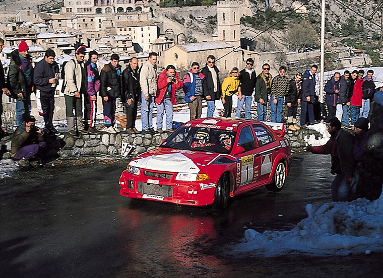 Tommi Mäkinen driving a Mitsubishi Lancer Evolution VI, from the 1999 Monte Carlo Rally archive