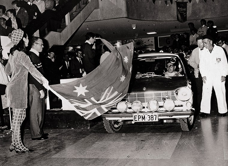 An early archive image of a Mitsubishi Colt competing in the Southern Cross Rally, from the official 1967—1977 retrospective