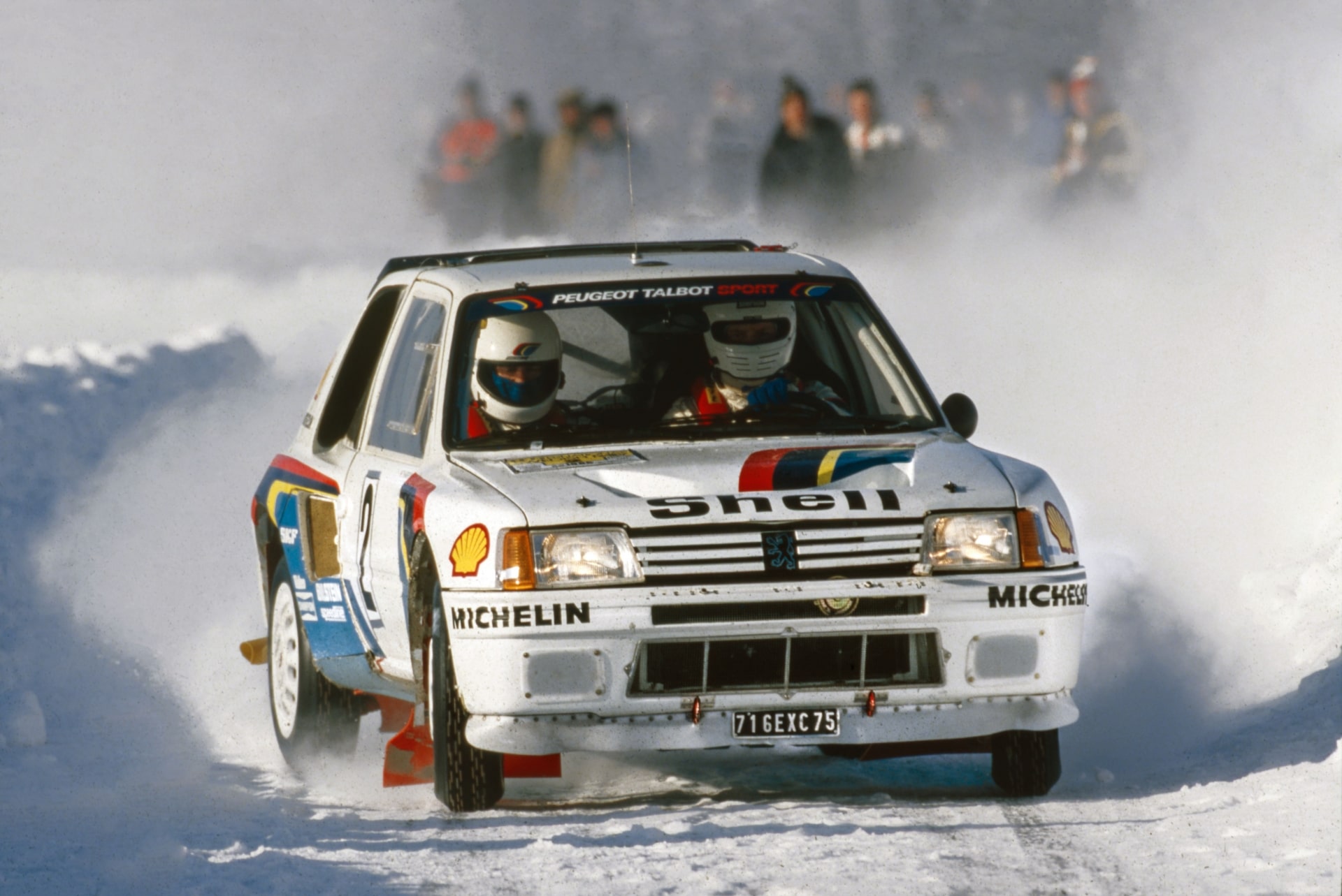 Vatanen's Peugeot 205 T16 on a snow-covered stage of the 1985 Swedish Rally.