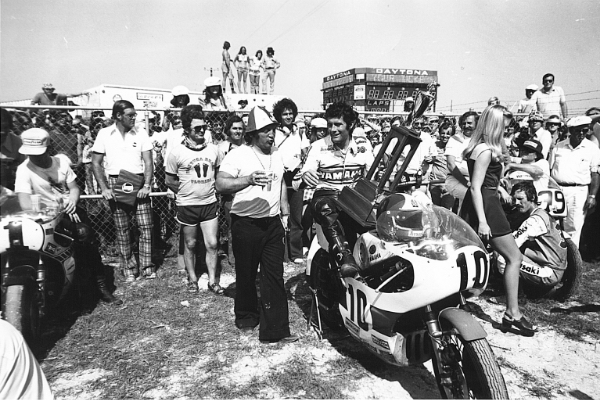 Agostini with the trophy and Yamaha motorcycle after winning the 1974 Daytona 200