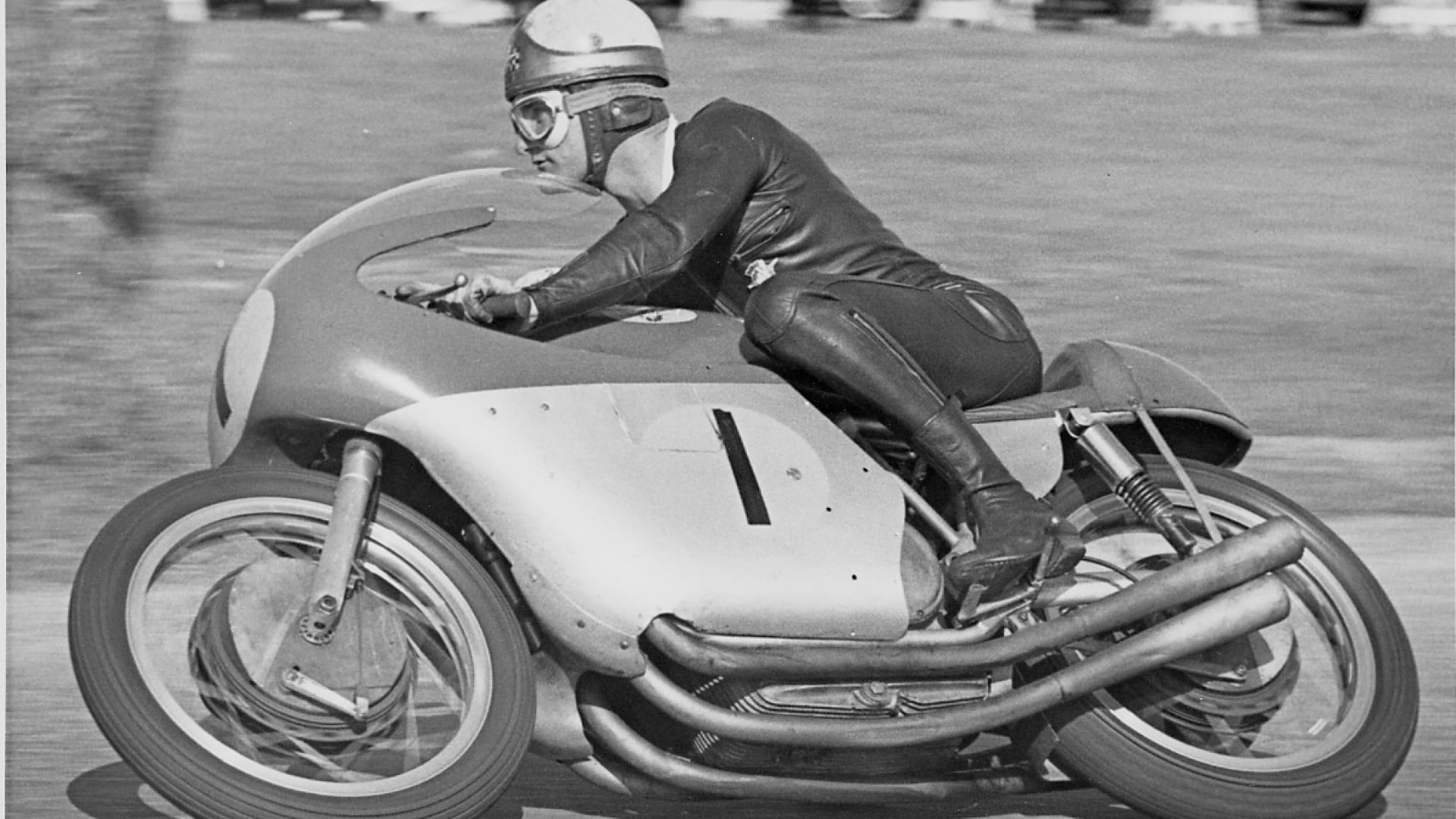 Action photograph of a number 1 motorcycle in MV's official Hailwood history chapter